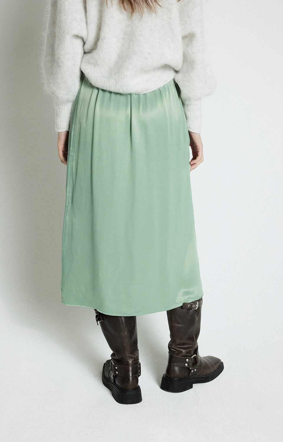 Back view of American Vintage sage maxi skirt G-UNY13B, long flowing viscose design.