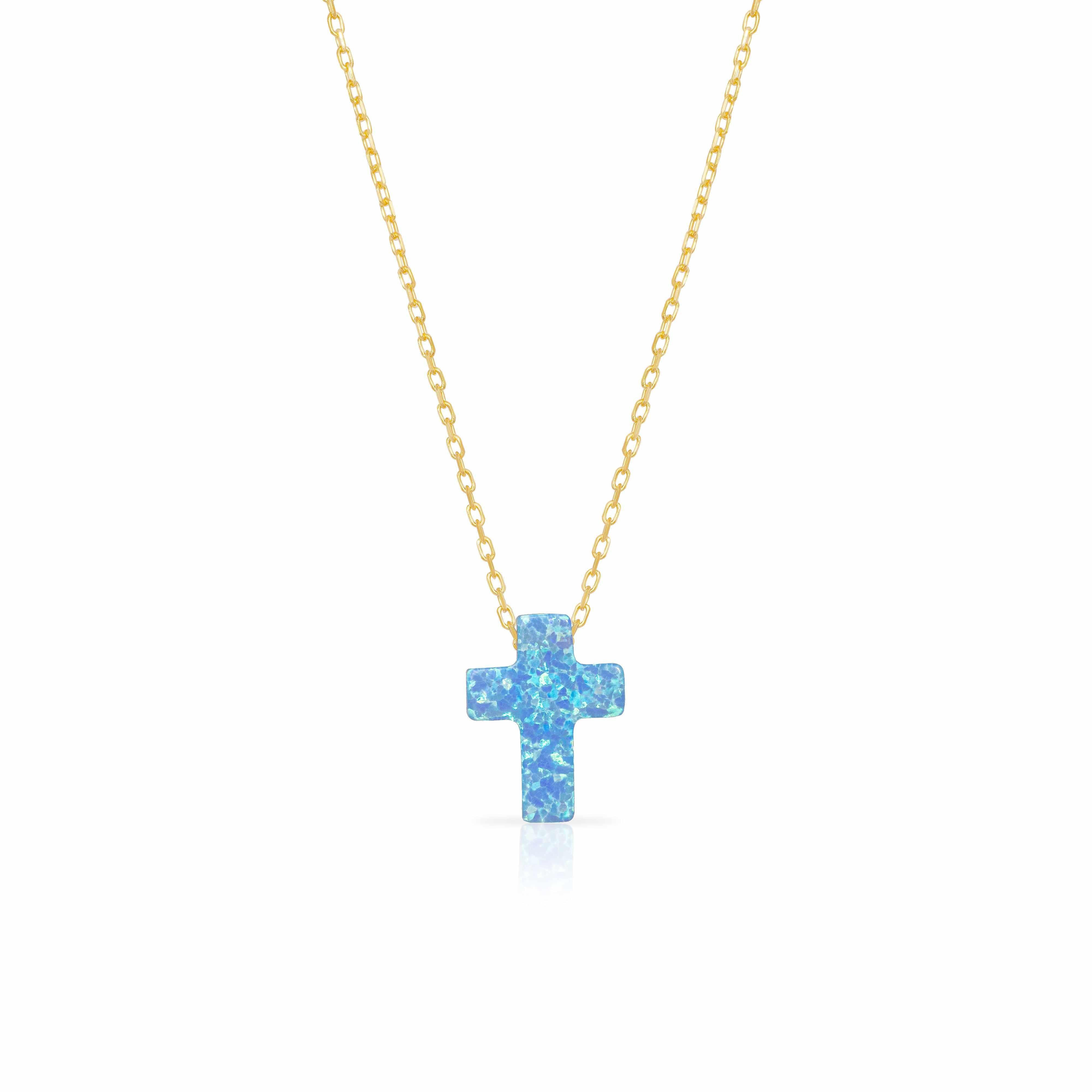 Cross large blue opalite gold necklace