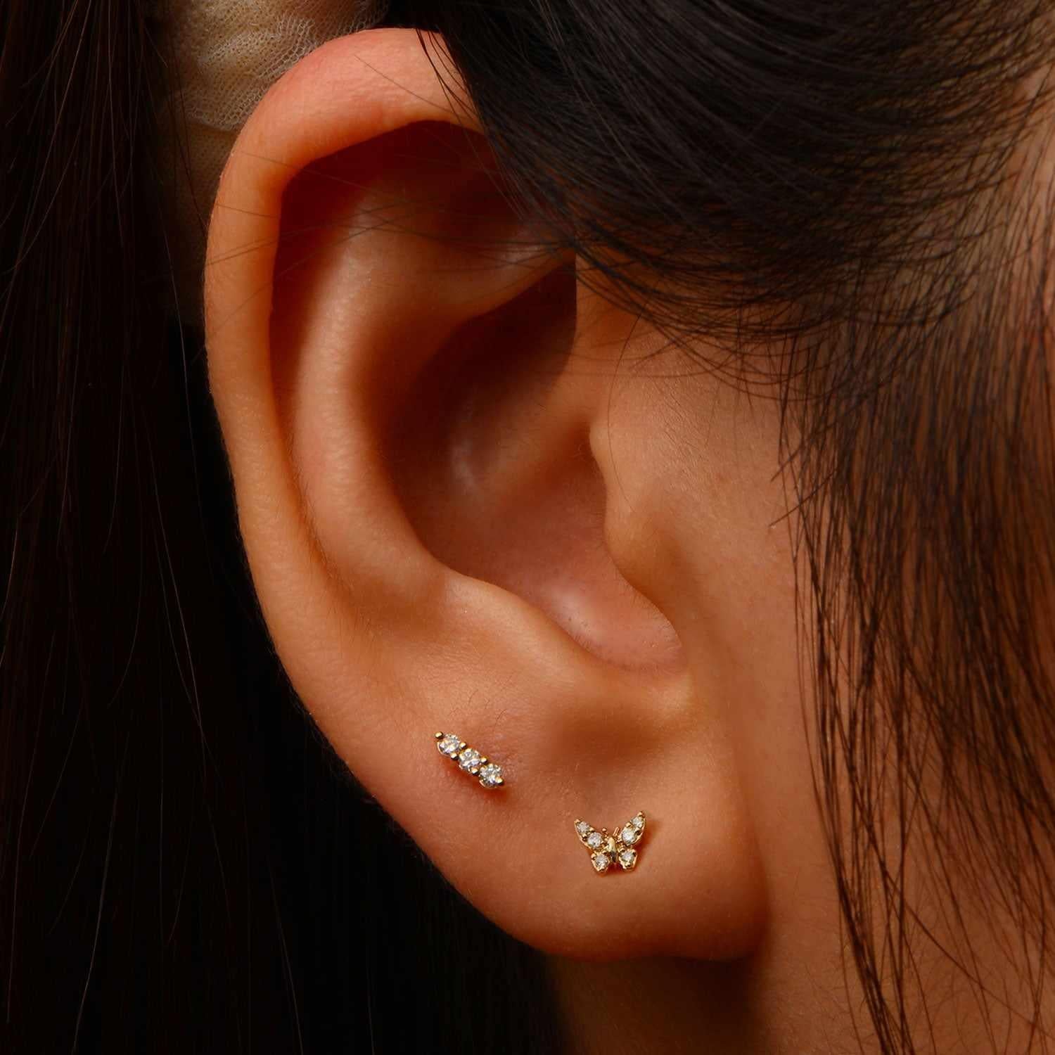 Paro Crystal Butterfly Stud Earring – 14K Solid Gold Flat Back