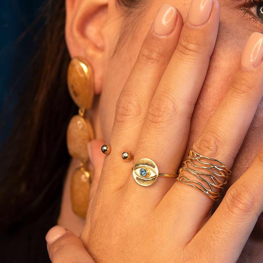 Sterling Silver Gold Plated Uriv Evil Eye Ring - Jewellery | Mezi | MEZI