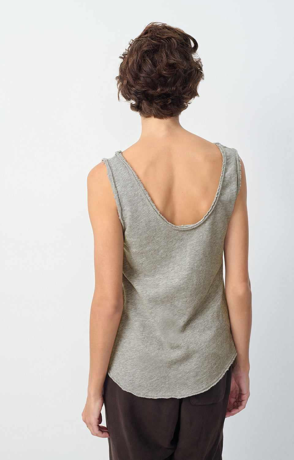 Back view of American Vintage mid-length trapeze tank top G-SON29G in grey, clean U-neck silhouette, offered by MEZI Australia.
