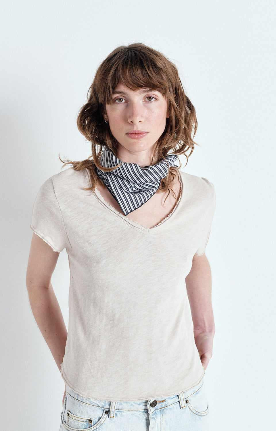 Front view of American Vintage Sonoma V-Neck tee SON02AG brushed slub cotton, available at MEZI Australia.