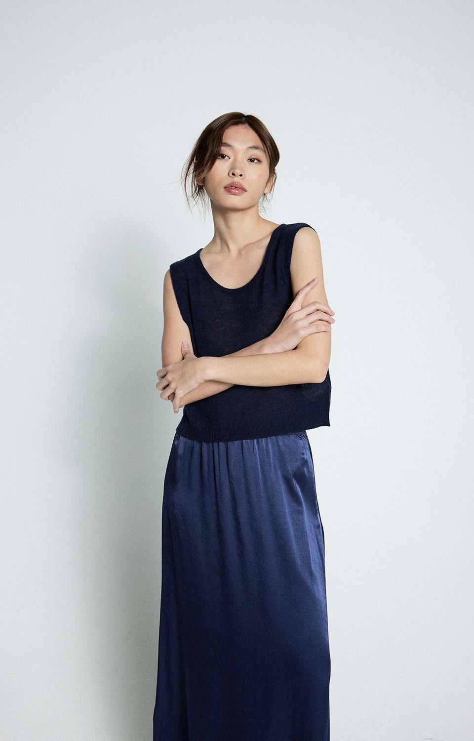 Styled look featuring American Vintage wool-cashmere tank sweater G-DUM18B in navy available at MEZI Australia.