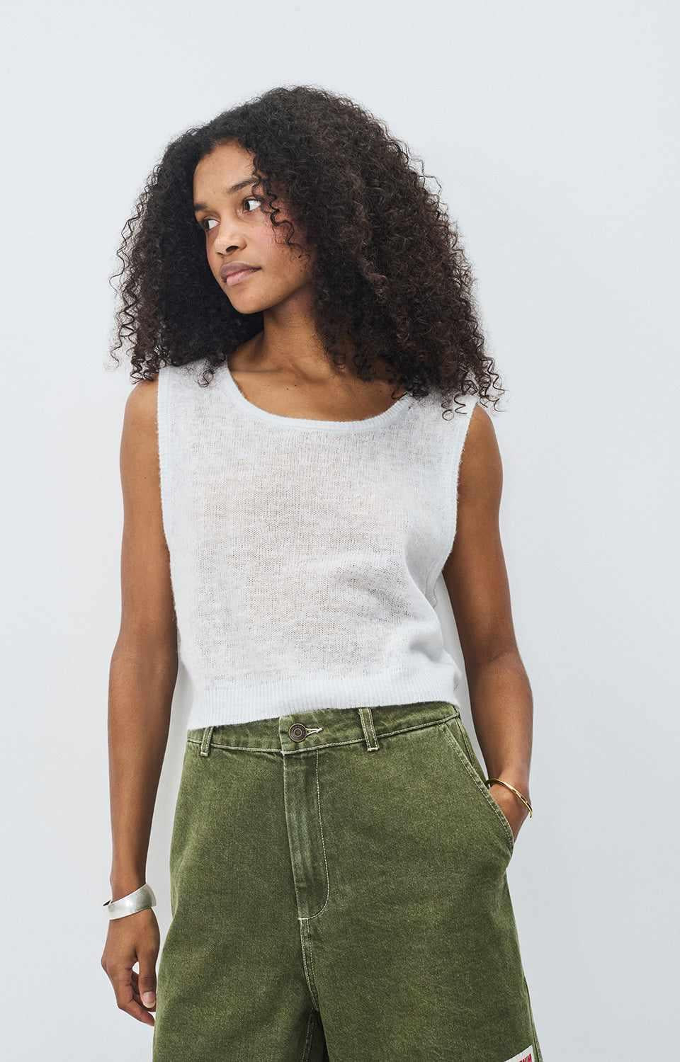 Styled look featuring American Vintage wool-cashmere tank sweater G-DUM18B, available at MEZI Australia.