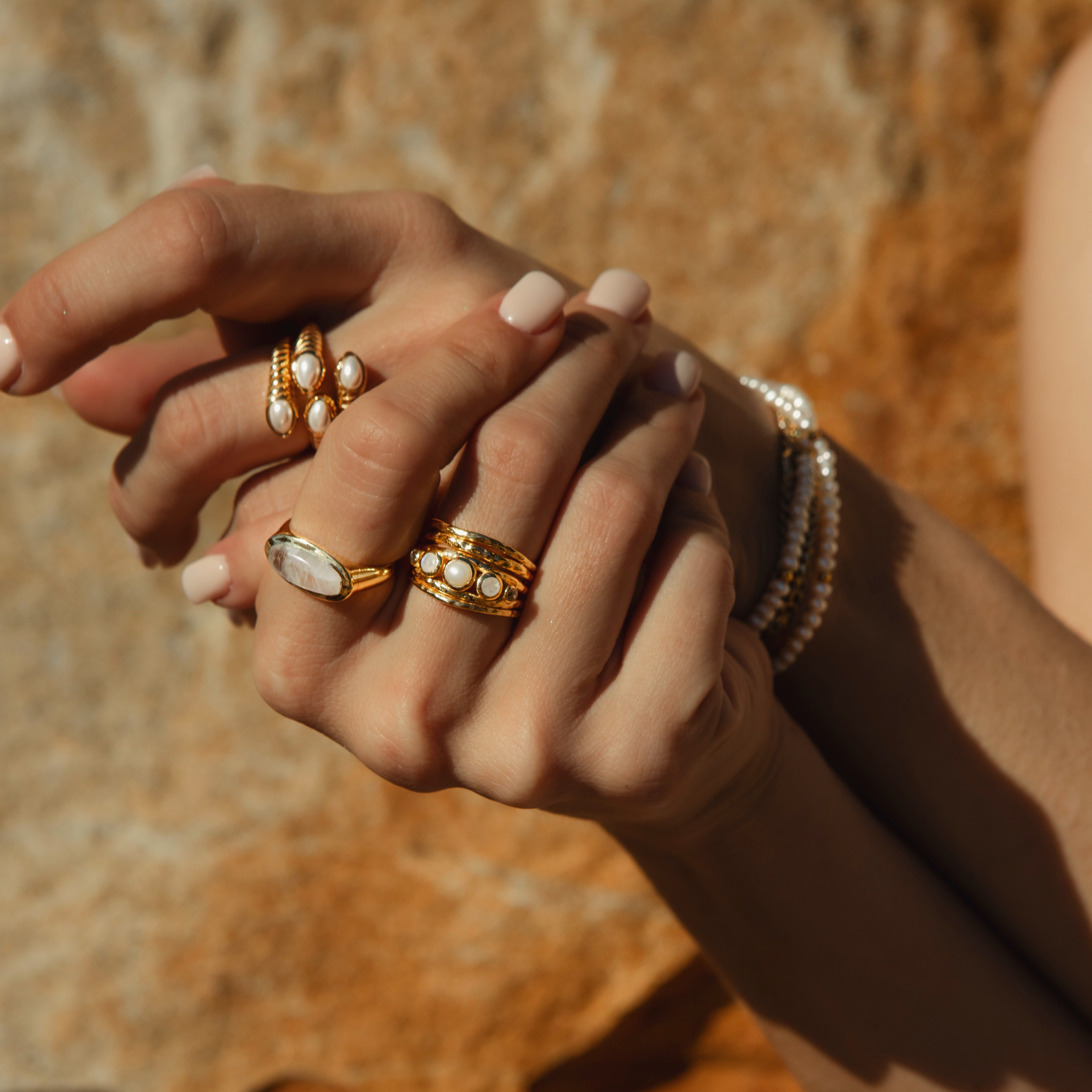 Eleni morganite, moonstone, pearl sterling silver gold plated ring