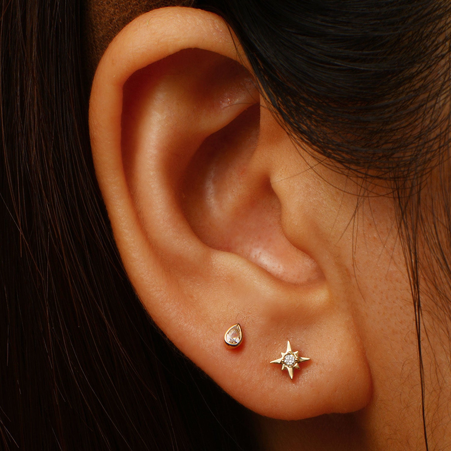 Split teardrop crystal 14k gold labret earring | MEZI