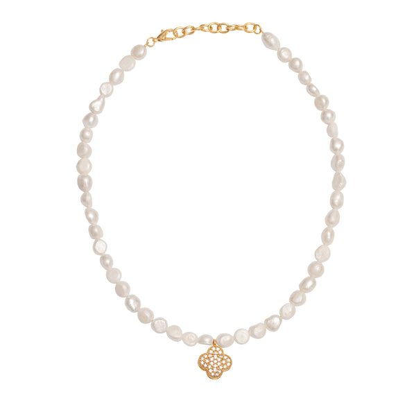 Clover crystal pearl chain necklace