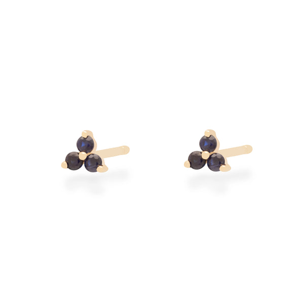 Mini 3 stone natural blue sapphire trio stud earrings 14k gold