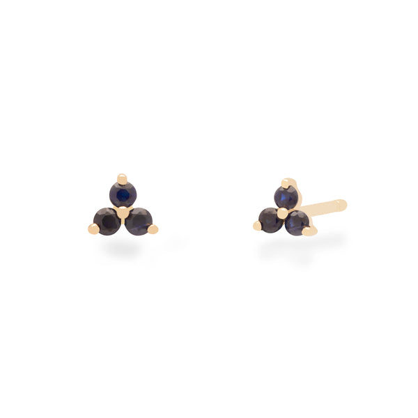 Mini 3 stone natural blue sapphire trio stud earrings 14k gold (PRE-ORDER)