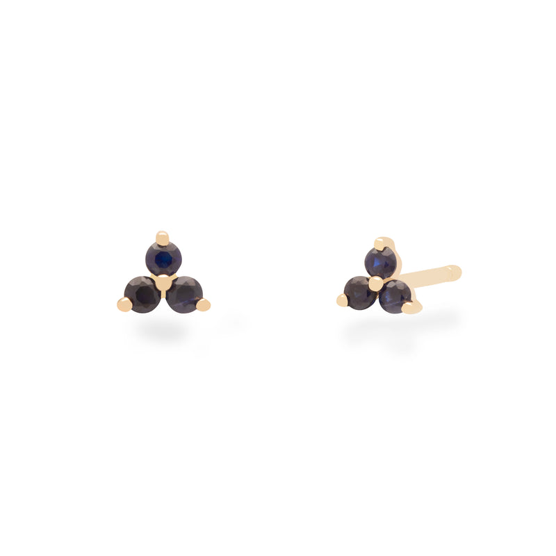 Mini 3 stone natural blue sapphire trio stud earrings 14k gold