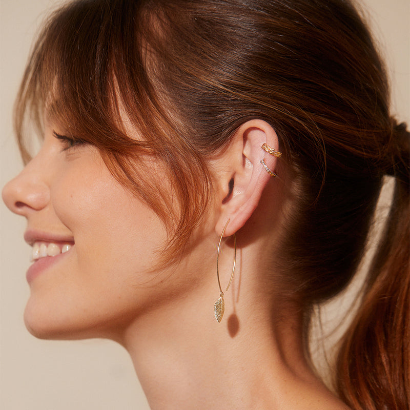 Leaf gold filled long hook earrings