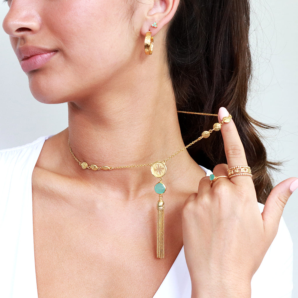Yasmene chalcedony gold tassel necklace | MEZI