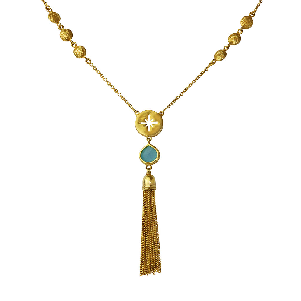 Yasmene chalcedony gold tassel necklace | MEZI