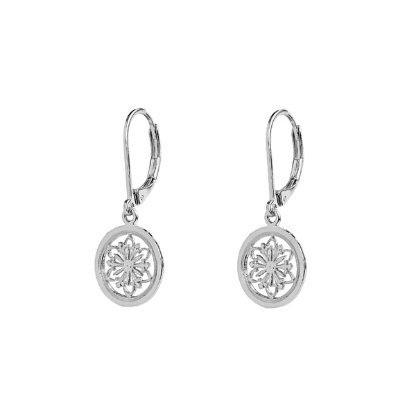 Filigree flower disc sterling silver drop earrings