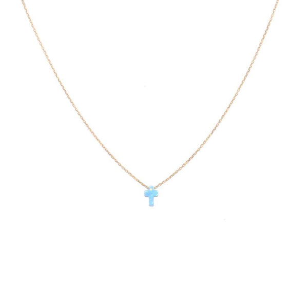 CROSS BLUE OPALITE GOLD NECKLACE-Necklaces-MEZI