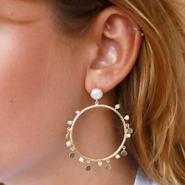 Irma 2 micron gold freshwater pearl round drop earrings